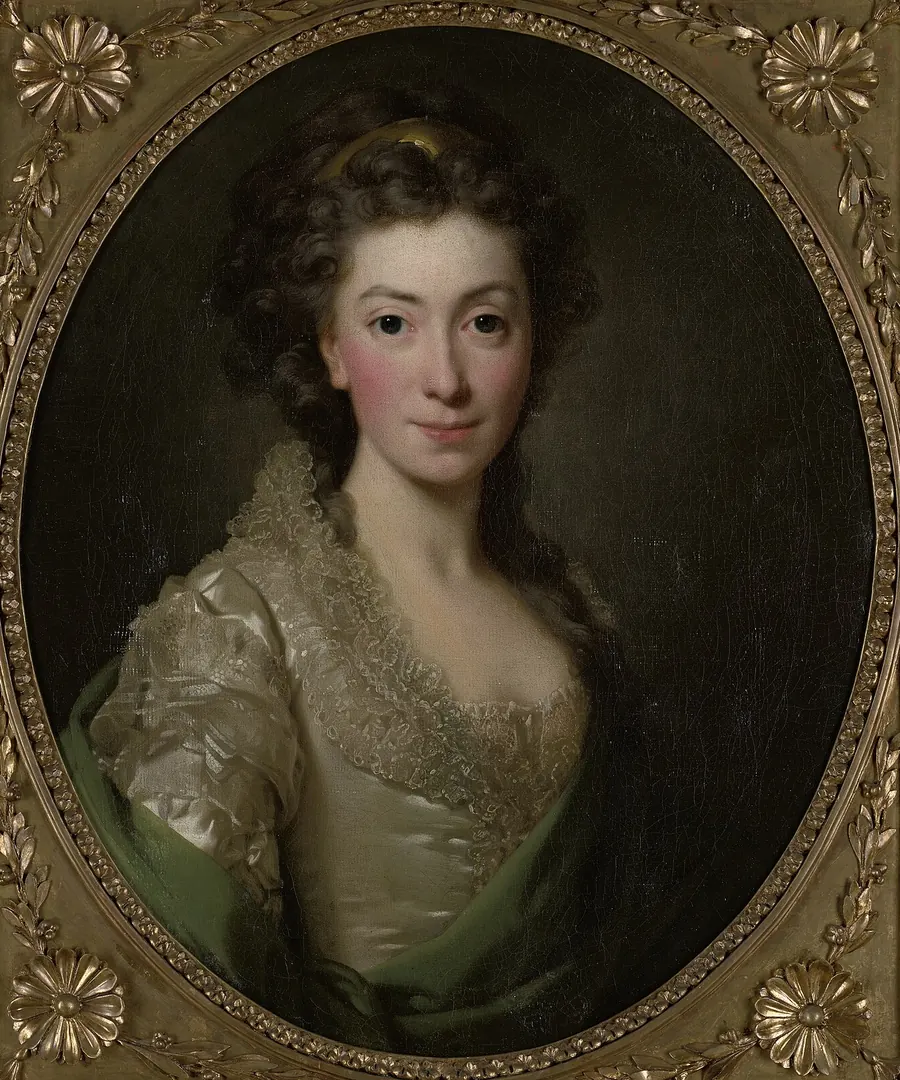Alexander Roslin's oval portrait of Princess Izabela Czartoryska in a silver dress with a green shawl