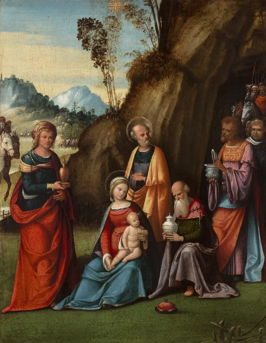 Garofalo's Adoration of the Magi, with the kings kneeling before the Virgin and Child beneath a rocky outcrop