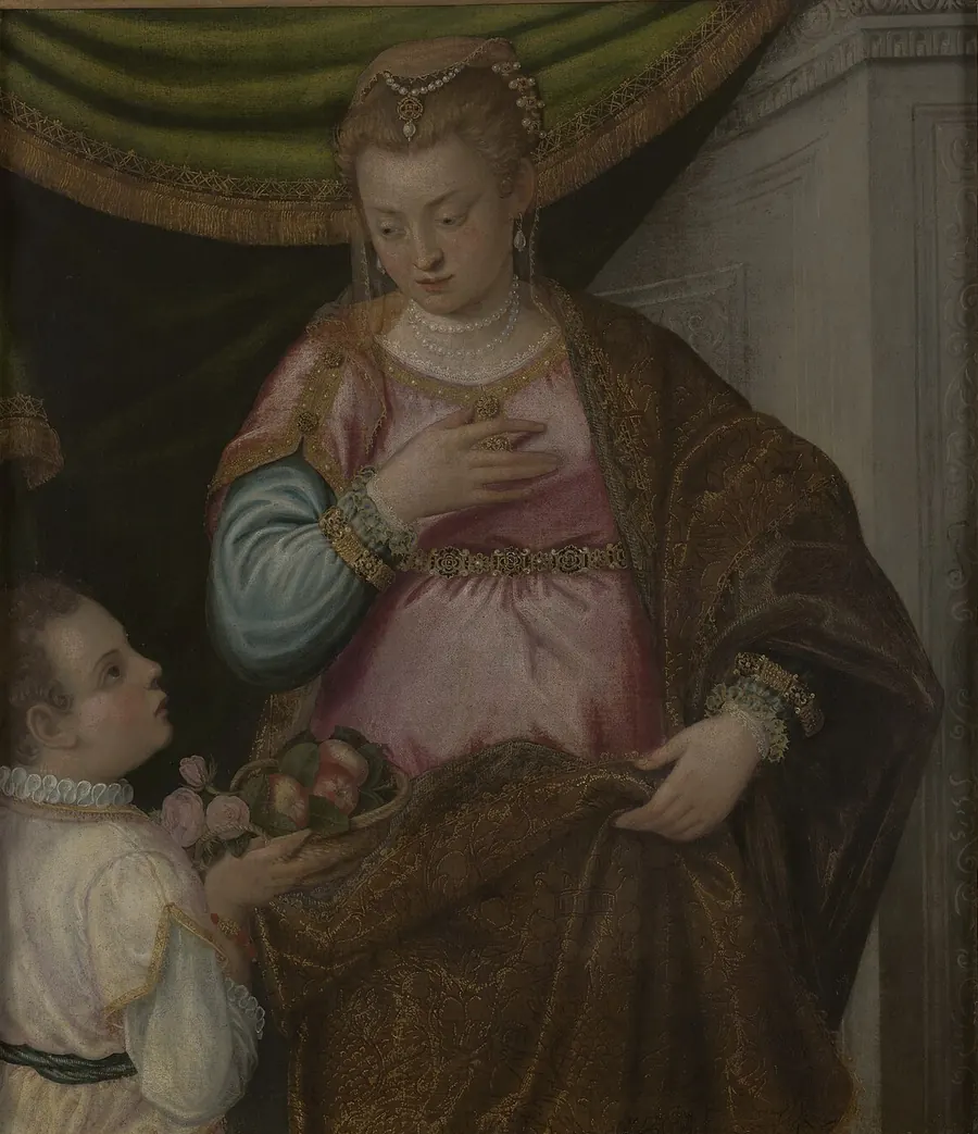 Montemezzano's painting of a woman in a pink dress and brocade cloak beside a boy offering fruit