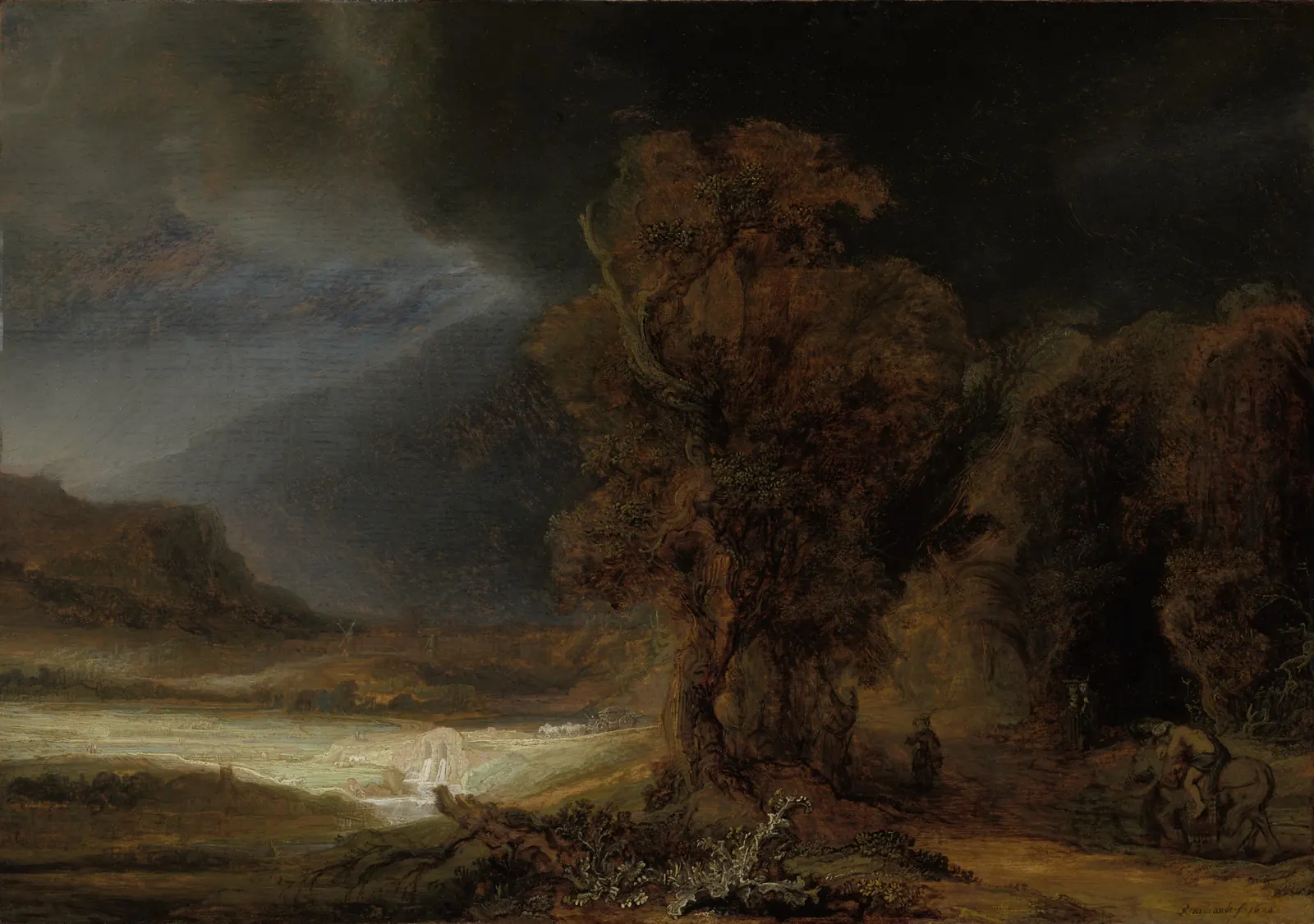 Rembrandt's Landscape with the Good Samaritan: a storm-lit valley with a dark tree and a tiny figure leading a horse