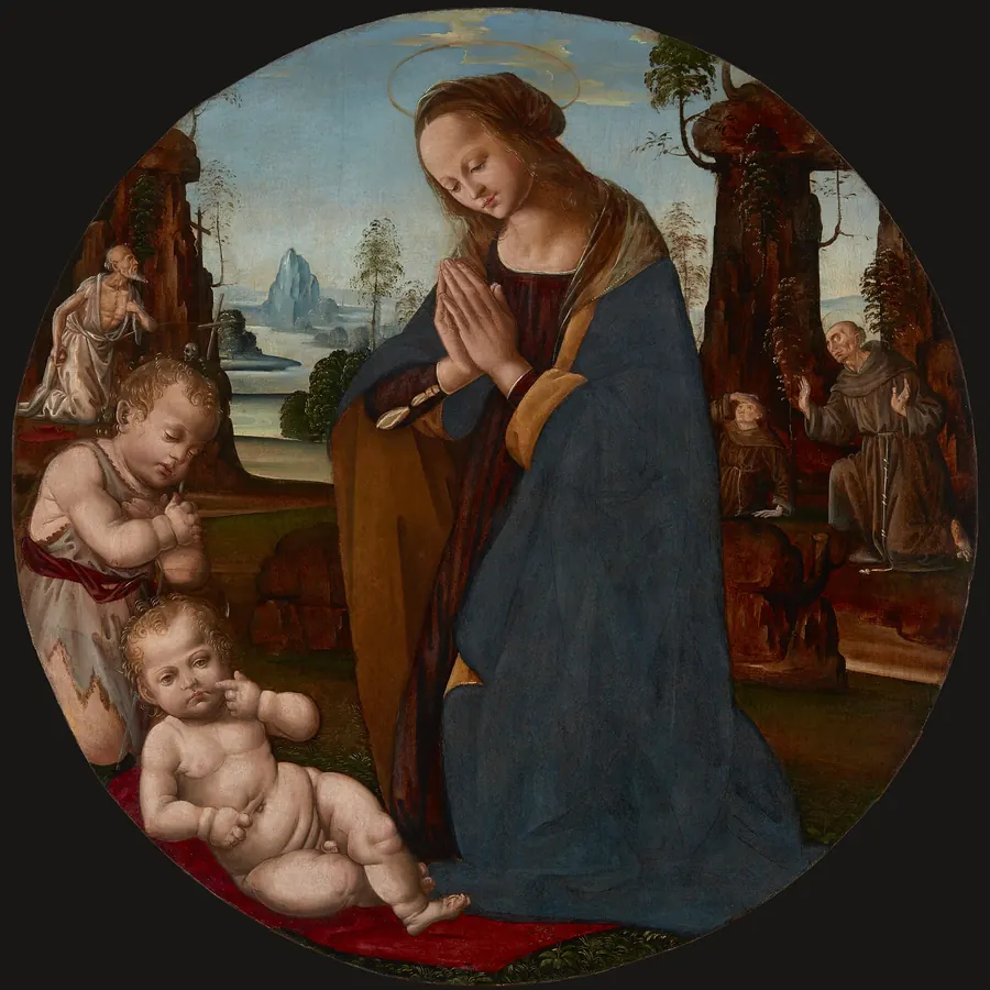 Round Italian panel of the Virgin kneeling before the Christ Child with the young St John the Baptist